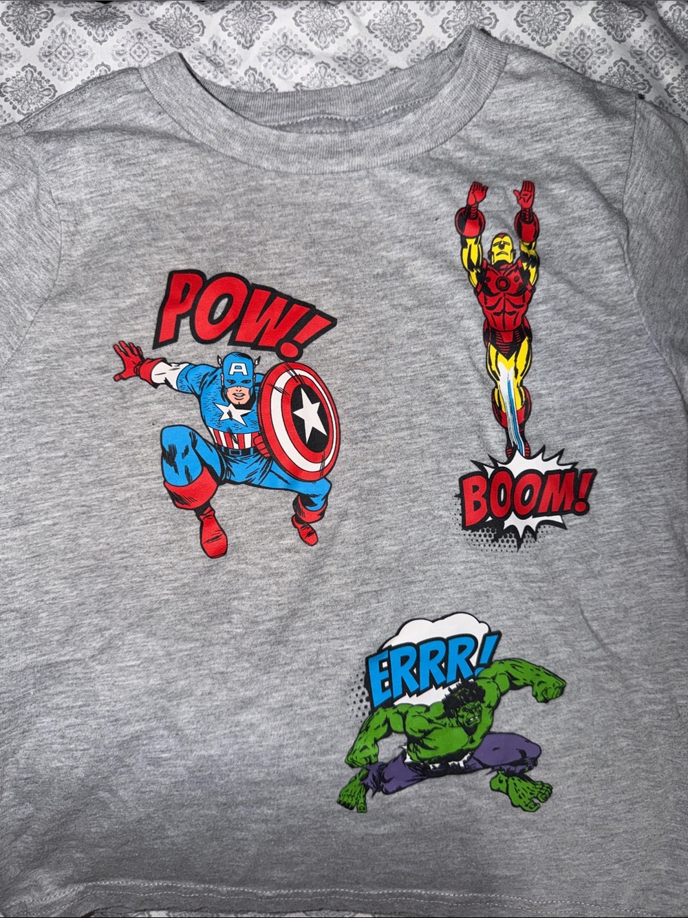 Marvel Gray Graphic Tee with Red, Blue, Yellow & Green Superhero Prints